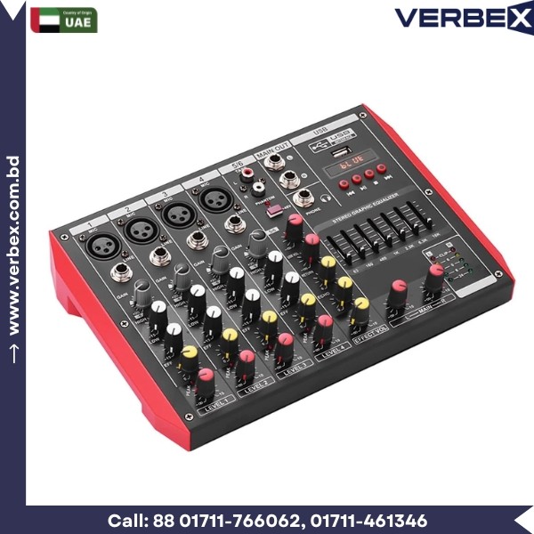 Verbex VT-D6 6-Channel Mixing Console Mixer 7-band EQ Built-in 48V Phantom Power Supports BT Connection USB MP3 Player