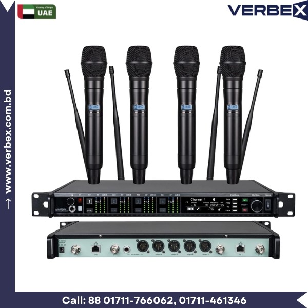 Verbex VT-AD4Q UHF Digital Wireless Receiver with 4-Wireless Microphone Set