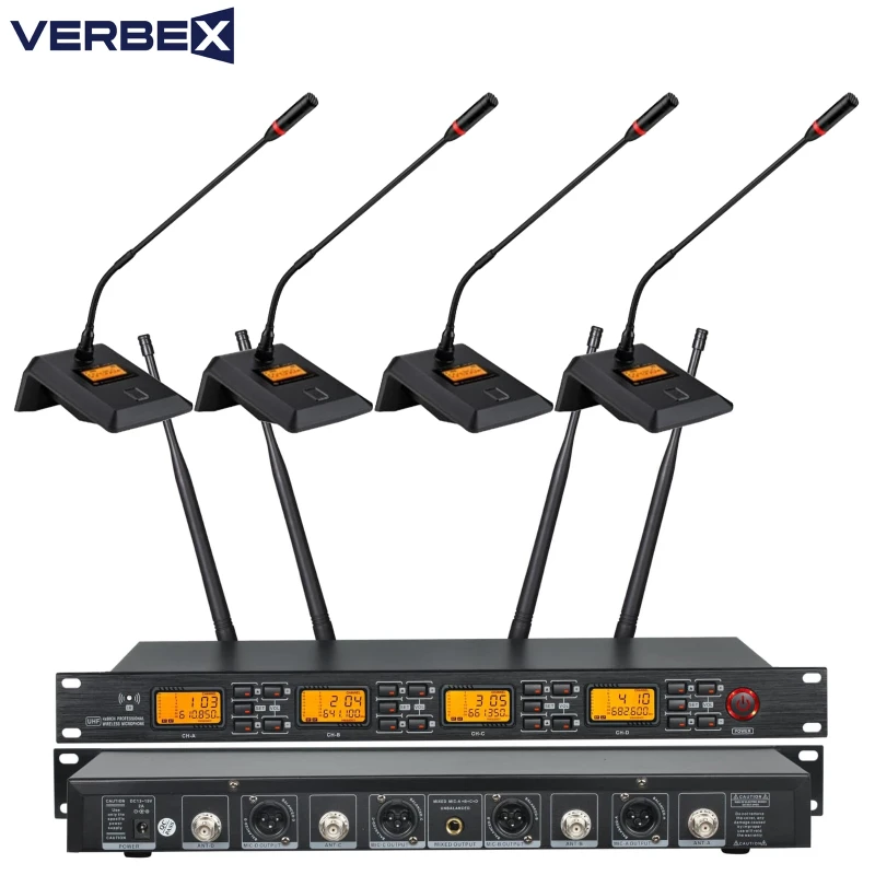 Verbex VT-UR4000 UHF 4-Wireless Microphone Set (4-Hand or 4-Table Top or 4-Head Microphone)