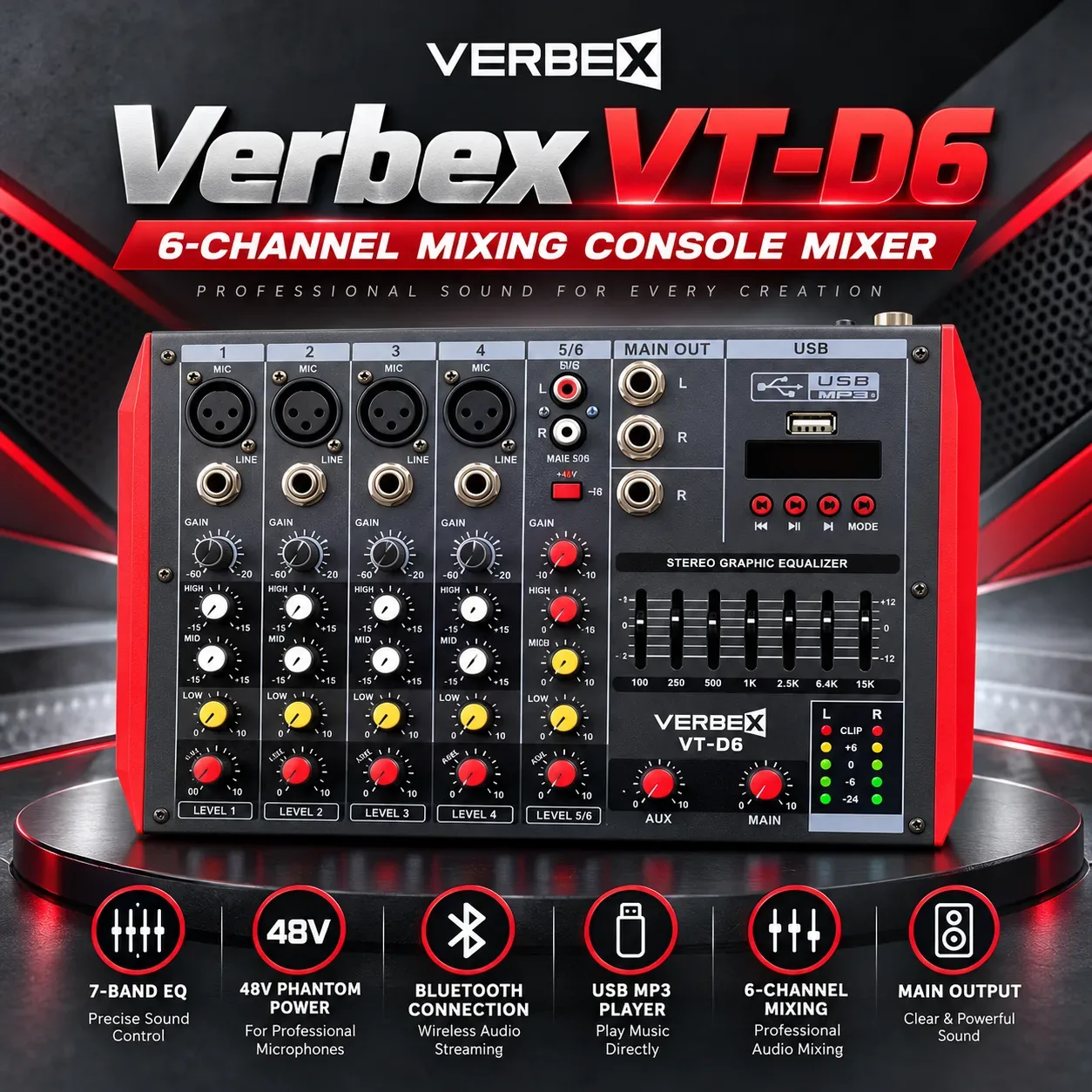 Verbex VT-D6 6-Channel Mixing Console Mixer 7-band EQ Built-in 48V Phantom Power Supports BT Connection USB MP3 Player
