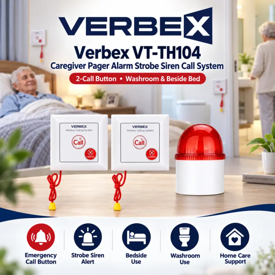 Verbex VT-TH104 Caregiver Pager Alarm Strobe Siren Call System (2-Call Button)