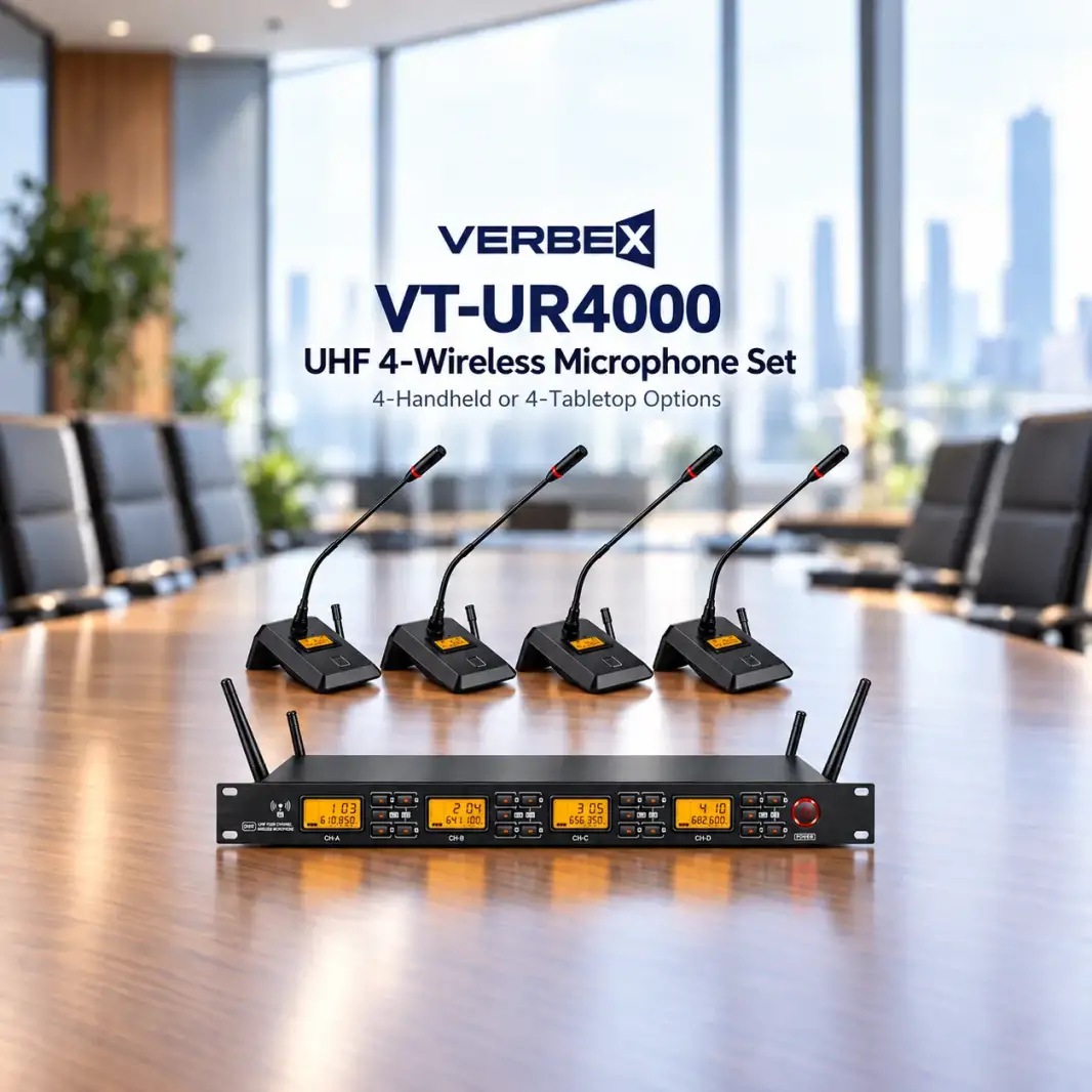 Verbex VT-UR4000 UHF 4-Wireless Microphone Set (4-Hand or 4-Table Top or 4-Head Microphone)